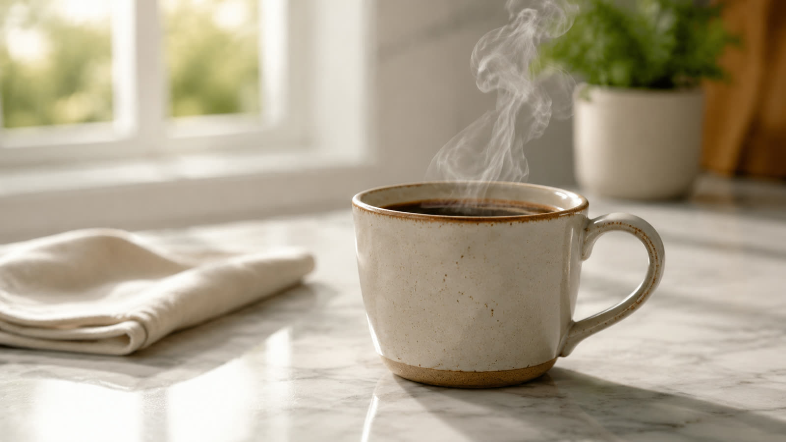 Push slowly toward a steaming coffee cup First frame